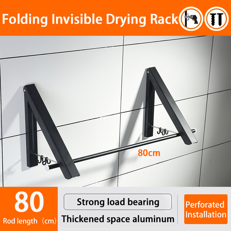 Colgador de ropa de pared portátil, tendedero plegable para exterior, telescópico para ropa, caballo, tendedero, balcón, gancho, varillas de riel: nailing Black 80cm