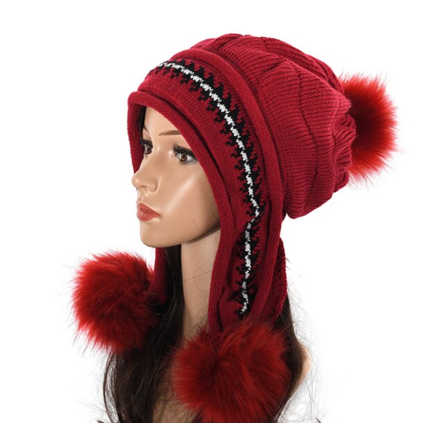 Damesmuts herfst/winter wollen muts drie wollen bolletjes rug open gebreide muts plus fluwelen dikke gebreide muts gratis verzending: Rood