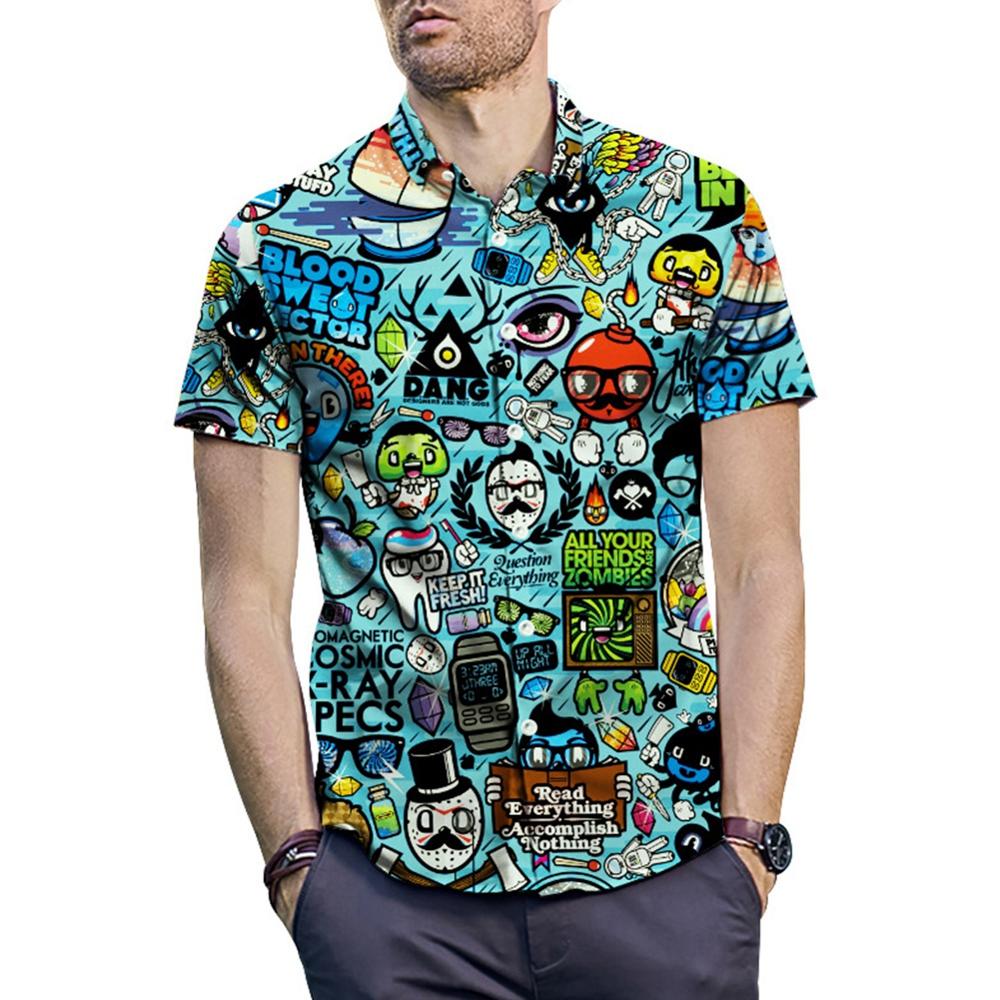 Camiseta de talla grande 2XL de verano con estampado de dibujos animados en 3D para hombre, camiseta de manga corta con cuello vuelto, blusa Hawaiana para vacaciones en la playa