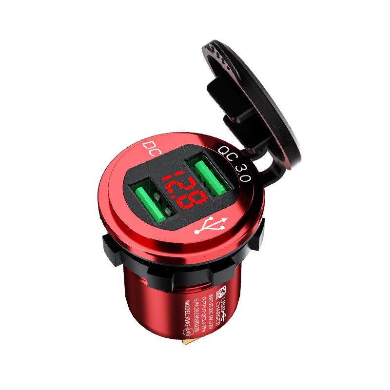 Quick Charge 3.0 Dual USB Charger Socket Waterproof Aluminum Power Outlet Fast Charge with LED Voltmeter for 12V/24V Car Boat: Red