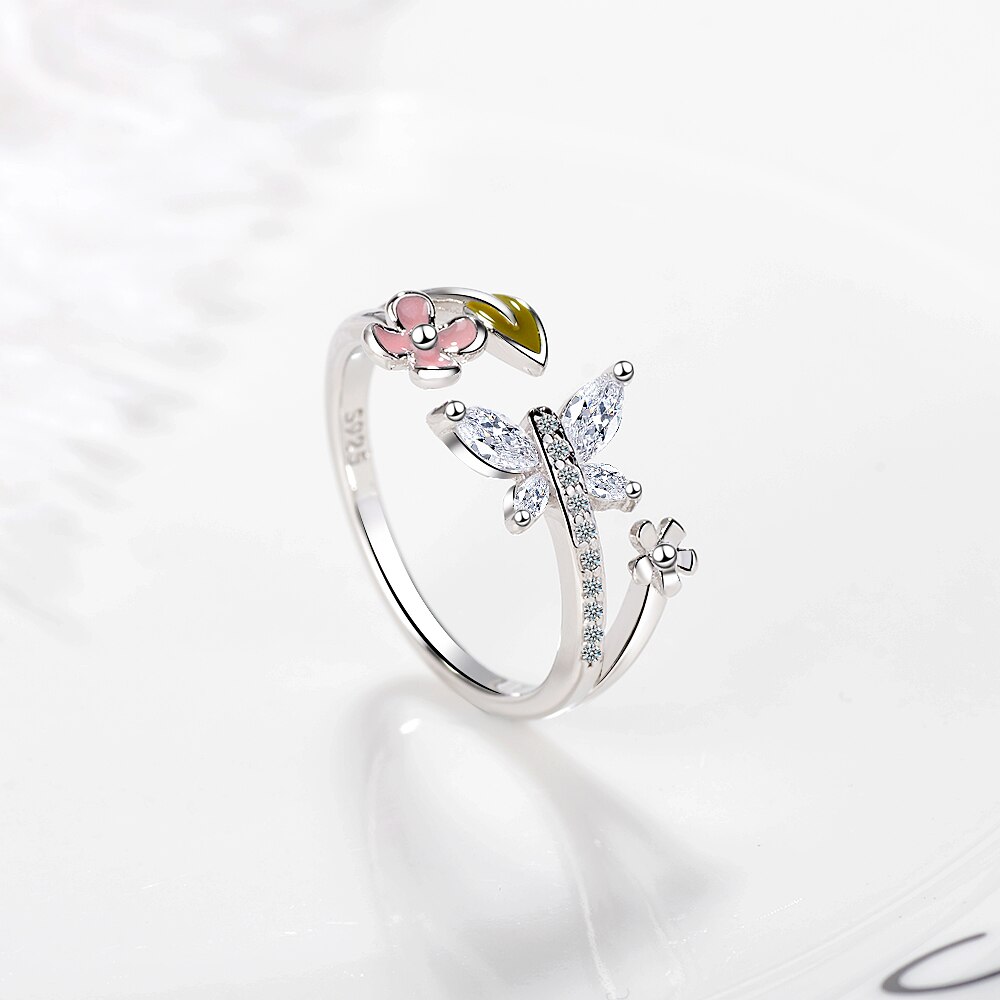 Anenjery Süße AAAAA Zirkon Schmetterling Liebe Blume Silber Farbe Ringe Für Frauen 17mm Einstellbar Bague S-R386