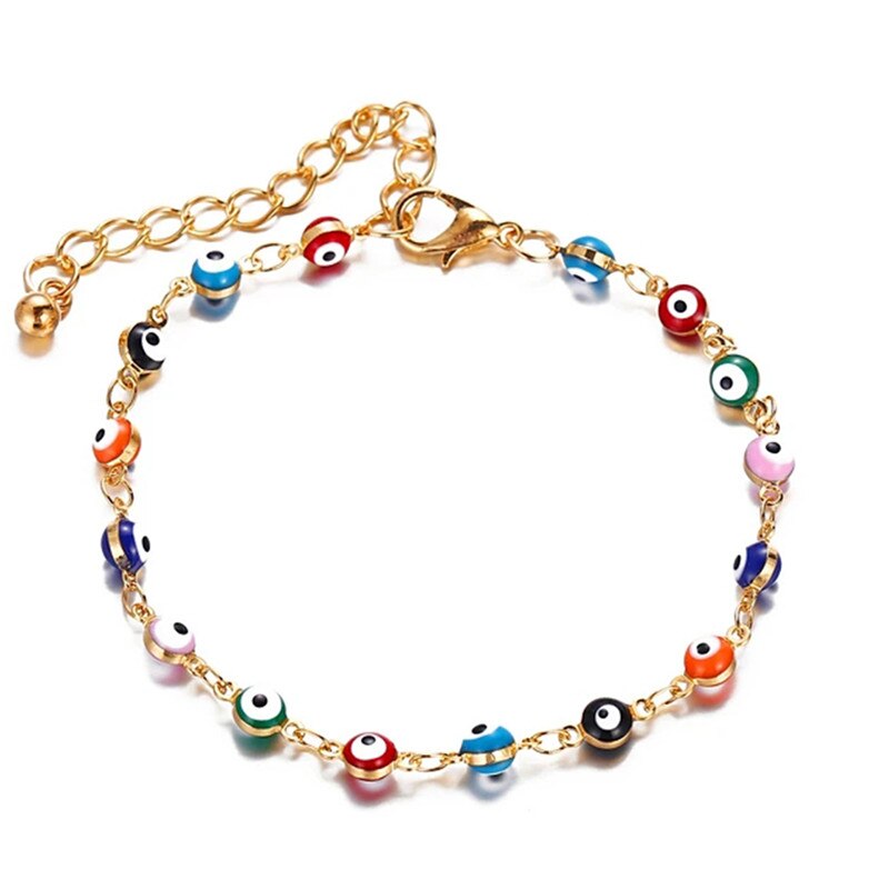 Doreen Box tobillera de cobre religioso oro Multicolor Evil Eye On Foot pulsera de tobillo para mujer de joyería de piernas 19cm de largo, 1 PC: gold