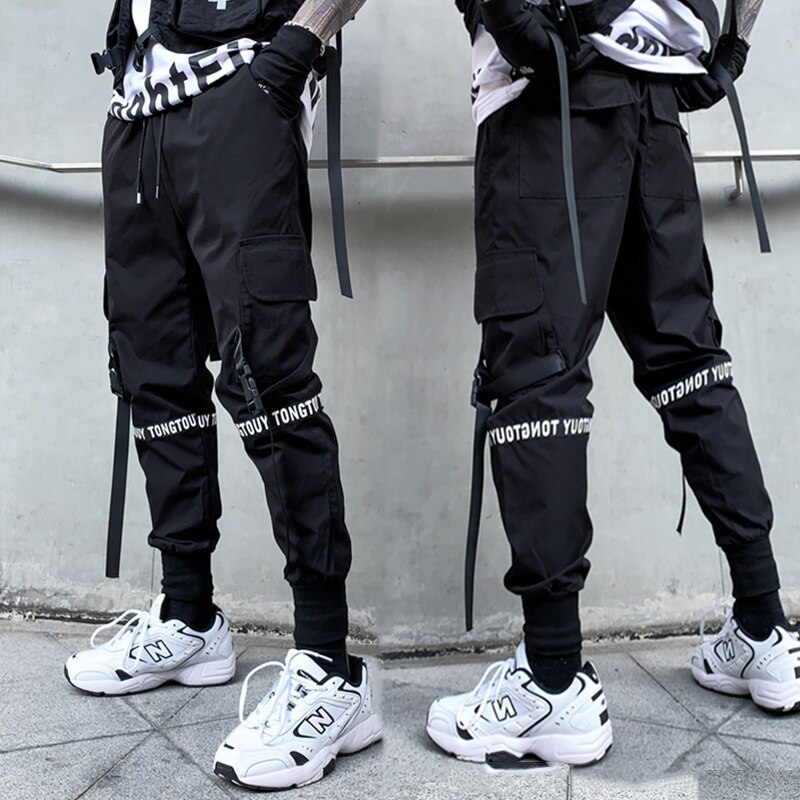 Pantalones Cargo con cintas para Hombre, ropa urbana informal, estilo Harajuku, Hip Hop, gótico, color negro