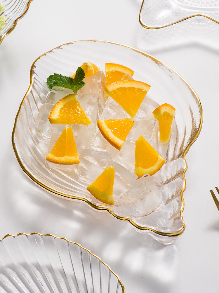 Gylden kant glas plade diy hav konkylie kammusling smykker opbevaring salat plade dessert skål middag plader sushi plade sashimi plade