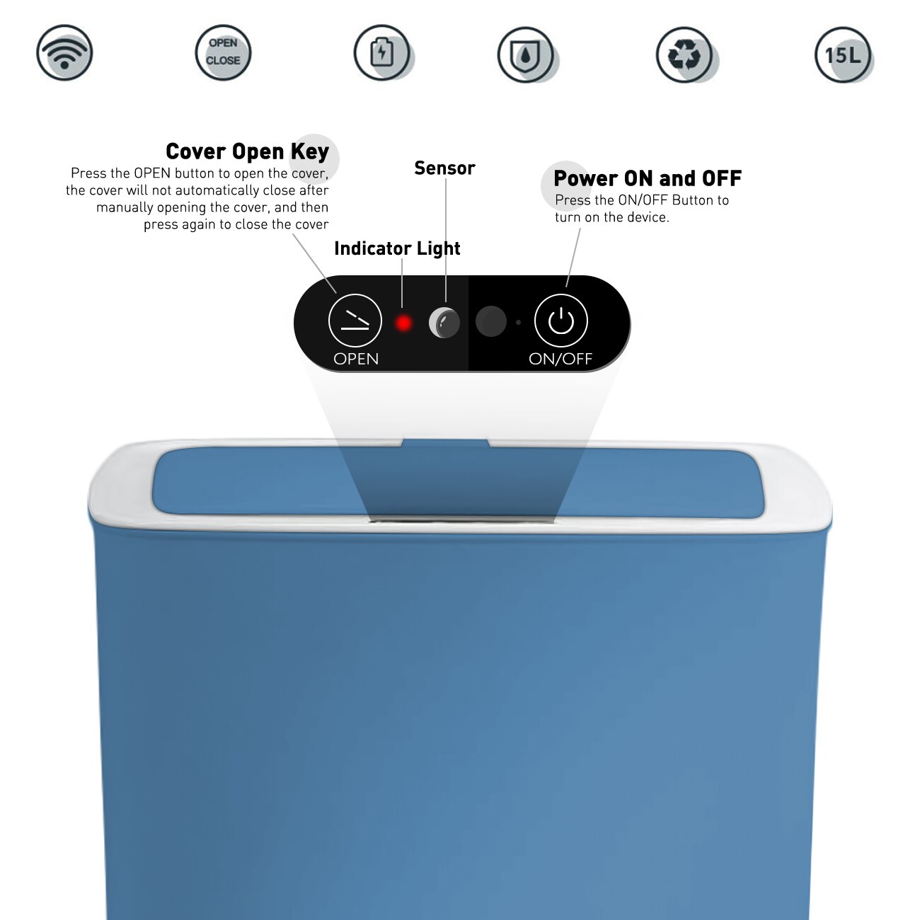 14L Non-contact Trash Can, Blue Inductive Trash Recycling Bin with Lid for Living Room, Kitchen, Bedroom,Toilet, Office, etc.