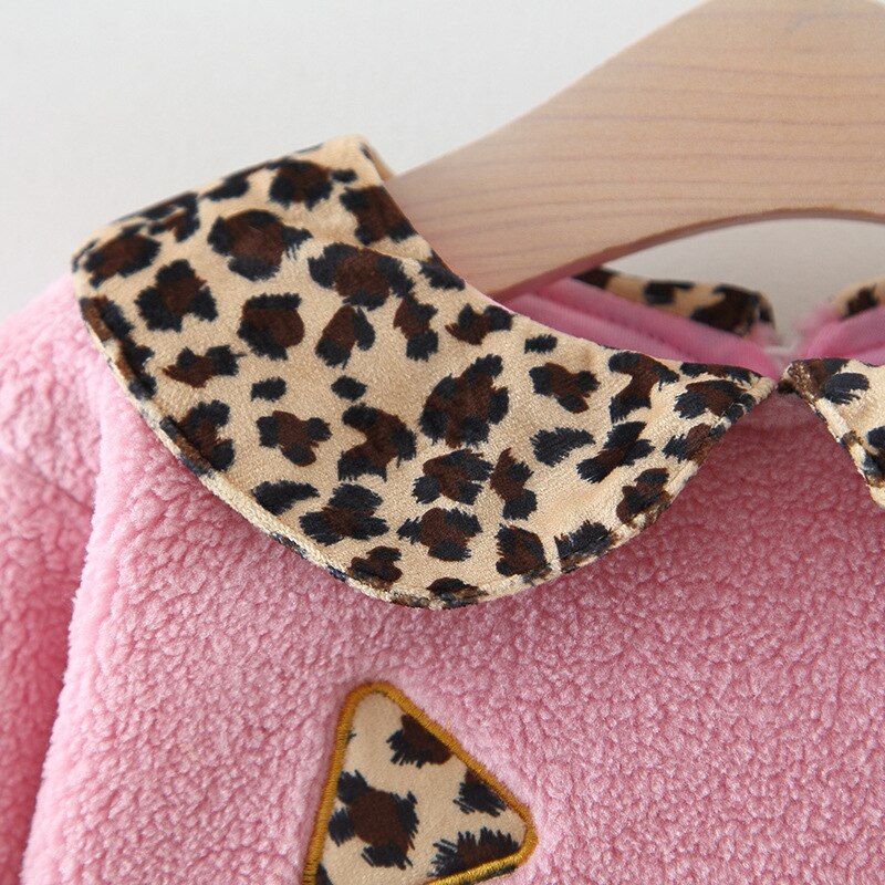 Vinter varm bebis flickor tecknad katt leopard kavajkrage förtjocka fleece sweatshirts barn barn huvtröjor ytterkläder