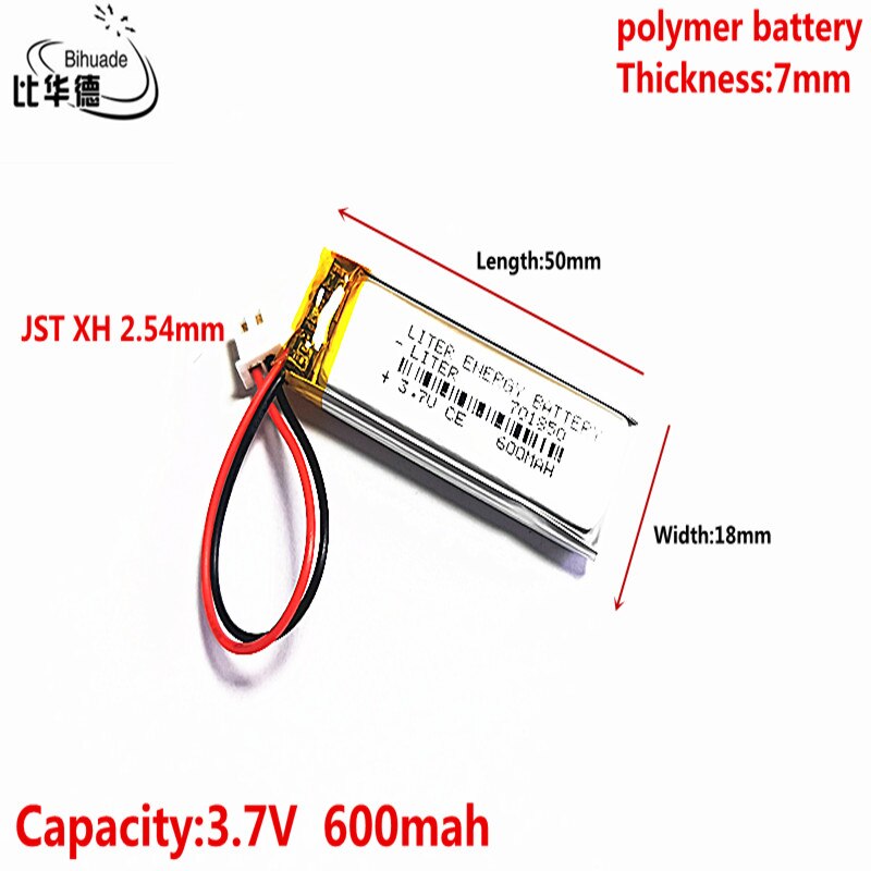 Jst  xh 2.54mm 3.7v 600 mah 701850 lithium-polymer-lipo-akku für  mp3 kopfhörer, ohrpolster, dvd-player, bluetooth-kamera