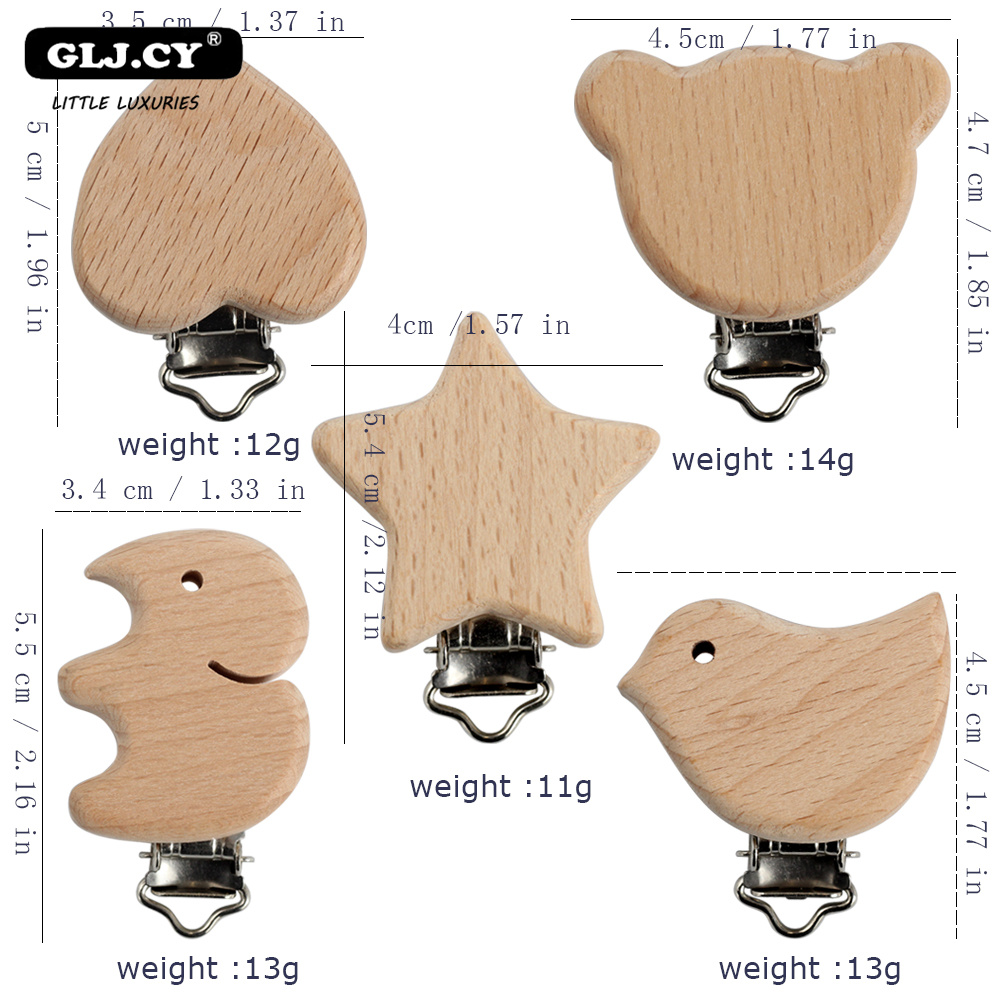 10PCs Beech Wood Pacifier Clip Animal Small Elephant Bird Heart-shaped Stars Baby DIY Essential Nipple Chain Accessories