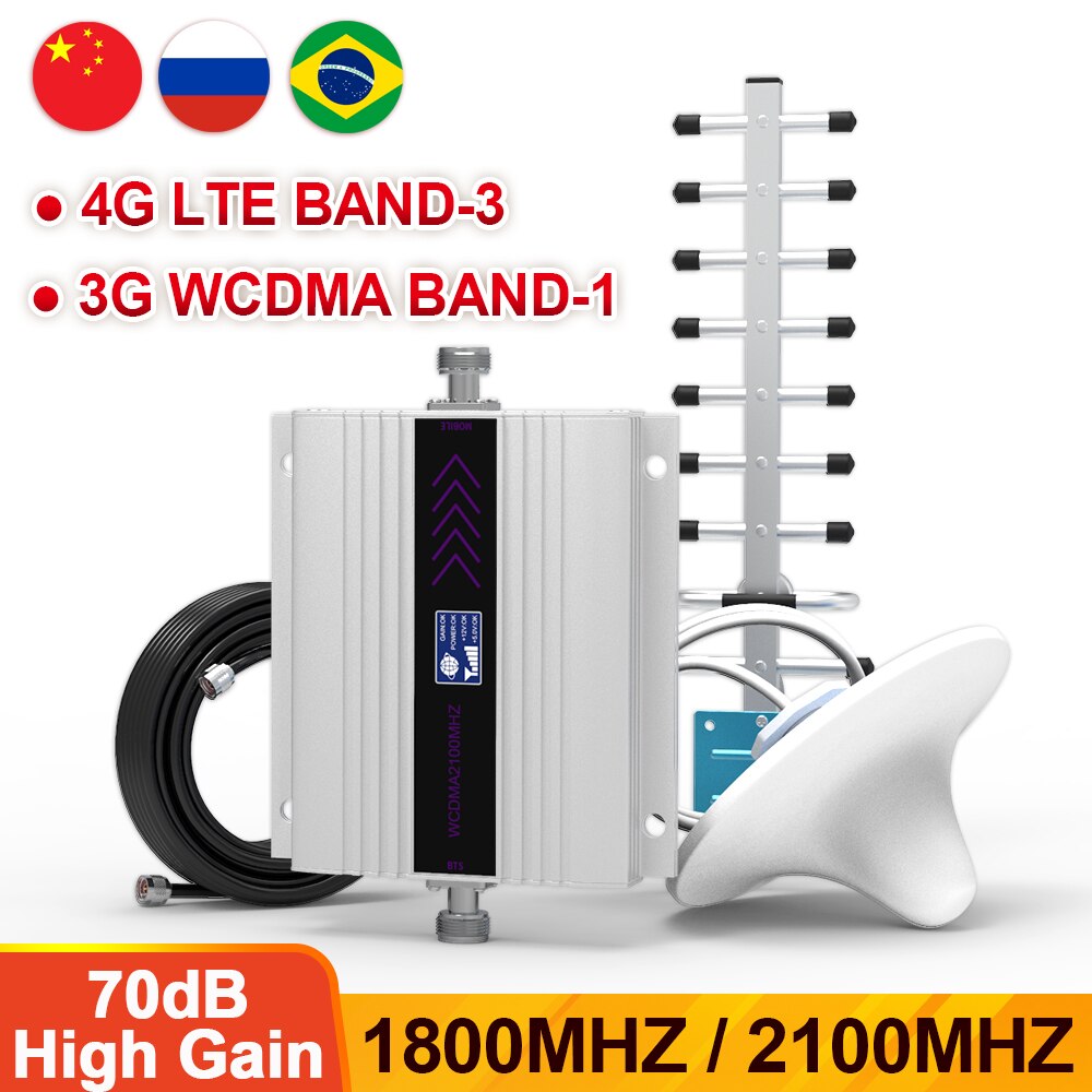 AMPLIFICADOR DE señal móvil 2G, 3G, 4G, DCS, LTE, 1800MHZ, 2100MHZ, red para llamadas de voz, WCDMA UMTS, repetidor de refuerzo móvil, 70dB