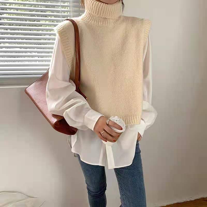 Mjuk ulltröja väst kvinnor vinter koreansk stil vintage turtleneck ärmlös tröja lös väst stickad linne  t561