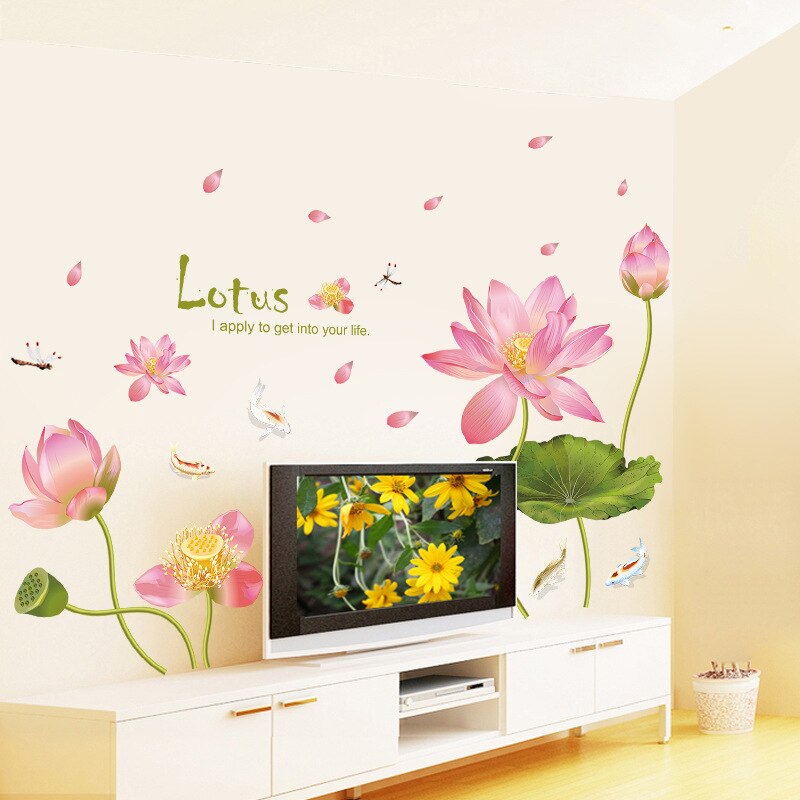 Modern Pink Lotus Flower Wall Stickers Green Leaves for Living Room Waterproof TV Background Art Decals Bedroom Large Size PVC