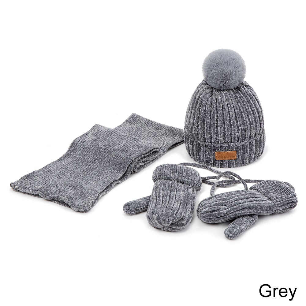 Reakids baby meisjes muts sjaal handschoenen set winter warme dikke muts met haarbal zachte comfortabele outdoor muts jongens katoenen muts pak: Grijs