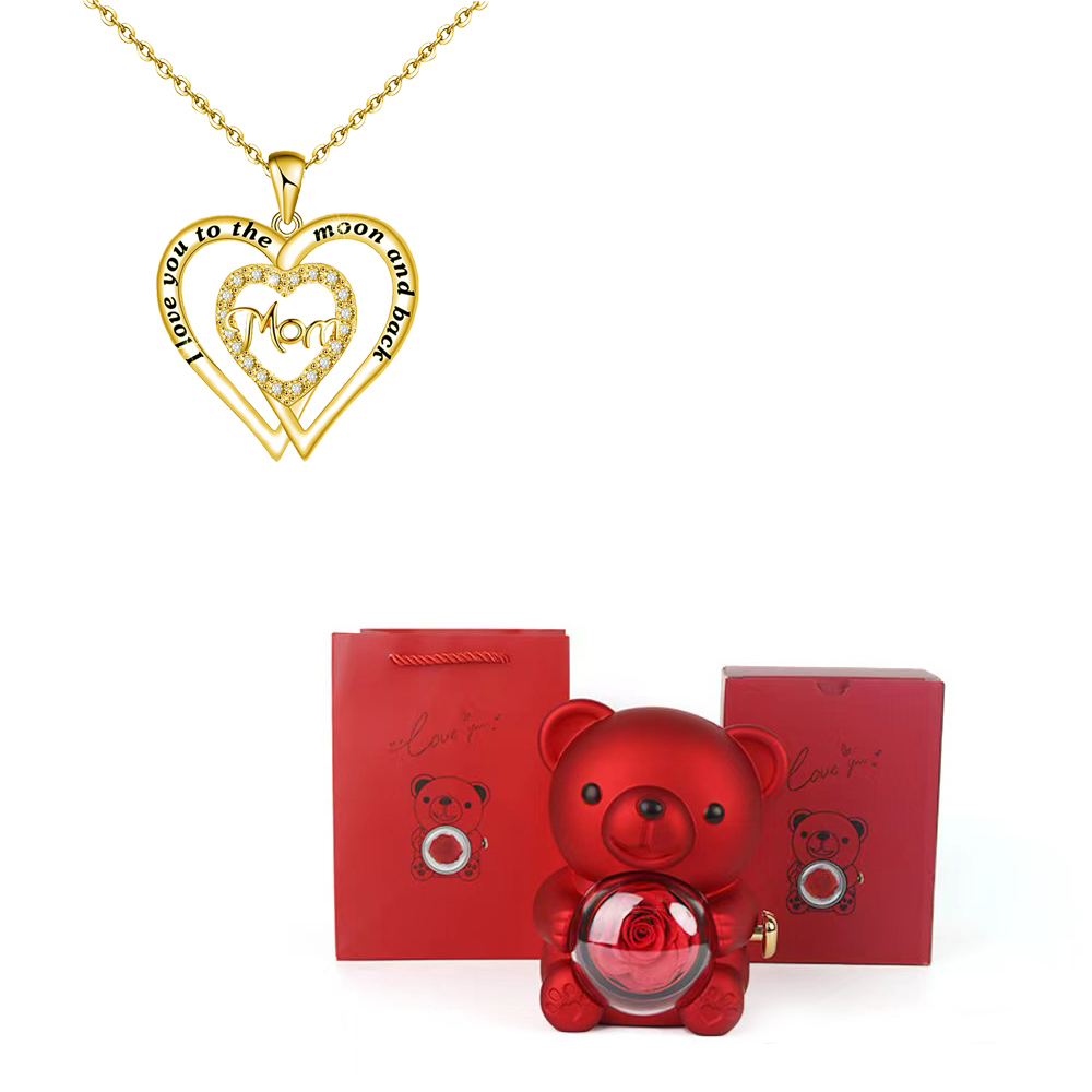 Collares con colgante de mamá de circón en forma de corazón con caja de de flor rosa de oso bonito adecuada para Navidad Día de la madre sorpresa romántica: Color acero