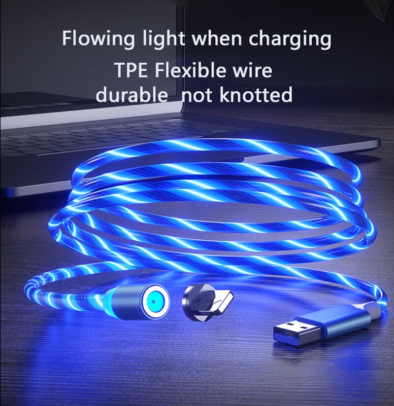 Magnetische Usb Charger Kabel Led Verlichting Stroomt Gloed Koord Type C/Micro Usb/8 Pin Voor Iphone 6 7 Android Telefoon Snelle Lichtgevende Draad