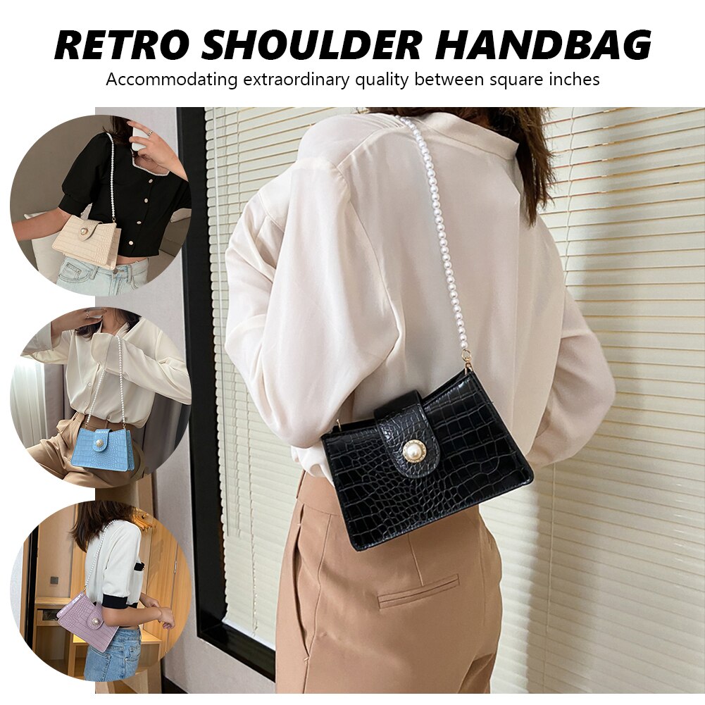 Jugend Damen Einfache Vielseitige Tasche Frauen Einfarbig Handtaschen Dame PU Leder Perle Kette Kleine Schulter Totes Tasche