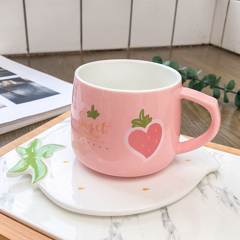 Juego de tazas y platillos con de fresa, Set de café con zumo de Taza de leche encantador, para niños de 250ml, para niñas