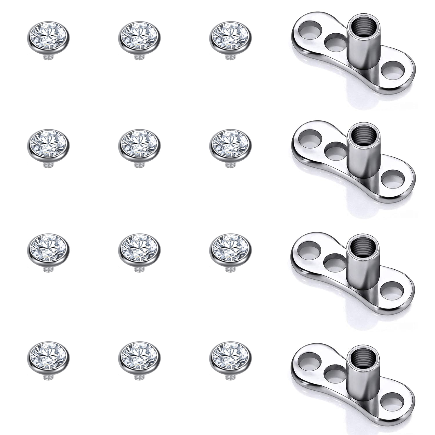 16PCS Crystal Dermal Anchor Tops 3-6mm 14G Surgical Steel Surface Piercing Skin Base: Light Yellow Gold Color