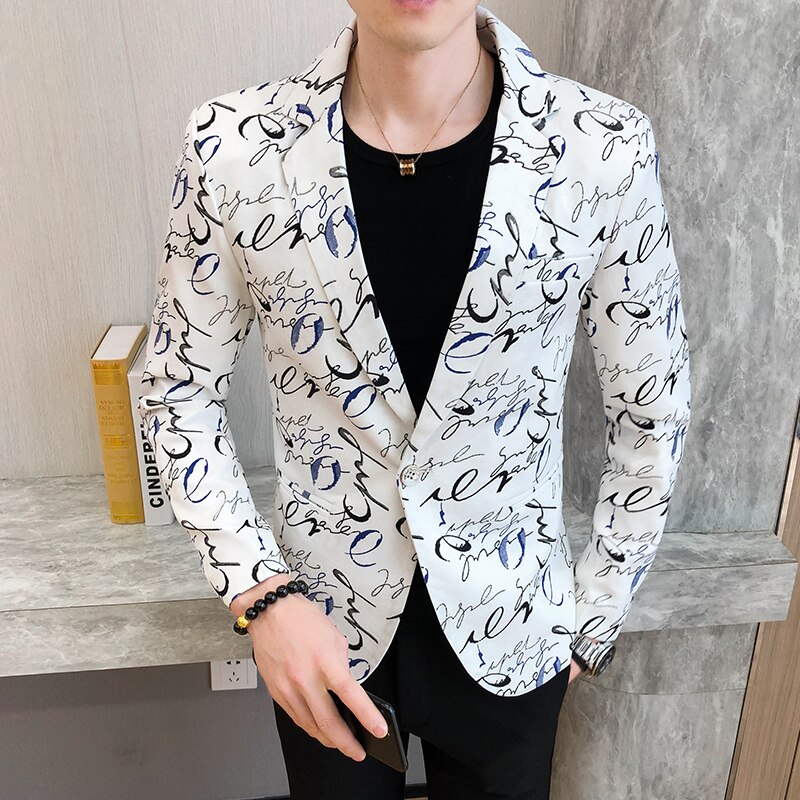Blazer Jacket Men Print Casual Slim Blazer Suit Jacket Spring Male Business Prom Wedding Costume Homme: white / Korean 2XL