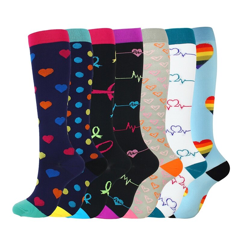 7PCS/Set Compression Socks Richly Colorful Kit Knee High Polyester Nylon Printed Hosiery Footwear Outdoor Sports Casual Socks