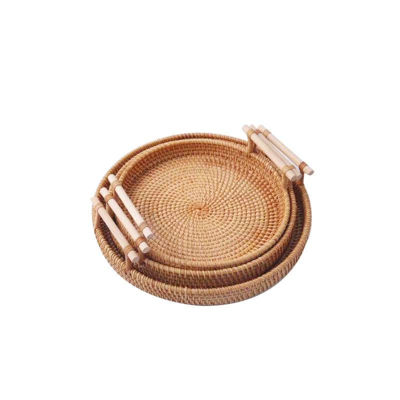 Hand-gewebte Runde Rattan Tablett Obst Snacks Lagerung Korb Organizer mit Griff Herbst gewebte Ablage
