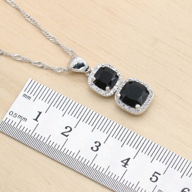 Geometrische Schwarz Zirkonia 925 Silber Schmuck einstellen für Frauen Lange Ohrringe Halskette Anhänger Ring Geburtstag
