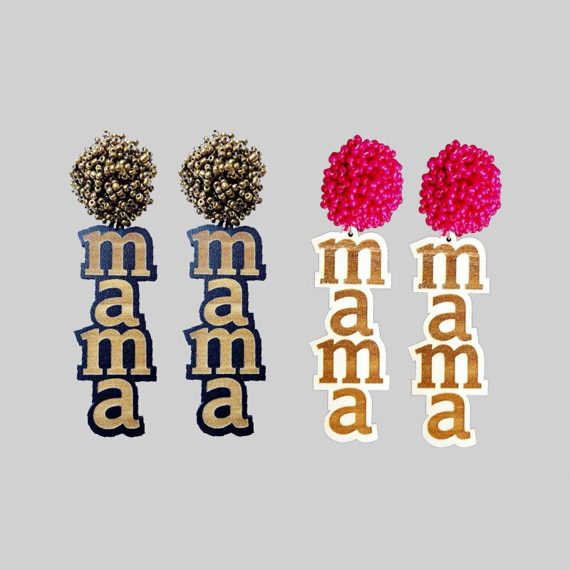 Seed Bead Dome Topper Earring Block Letter MAMA Dangle Wooden Earrings Mother&#39;s Day Baby Shower Attire Beaded &amp; Mom EAR0897