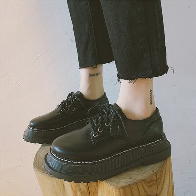 Japanse dikke zolen kant kleine schoenen trend britse stijl eenvoudige casual enkele schoenen damesschoenen: Zwart / 7