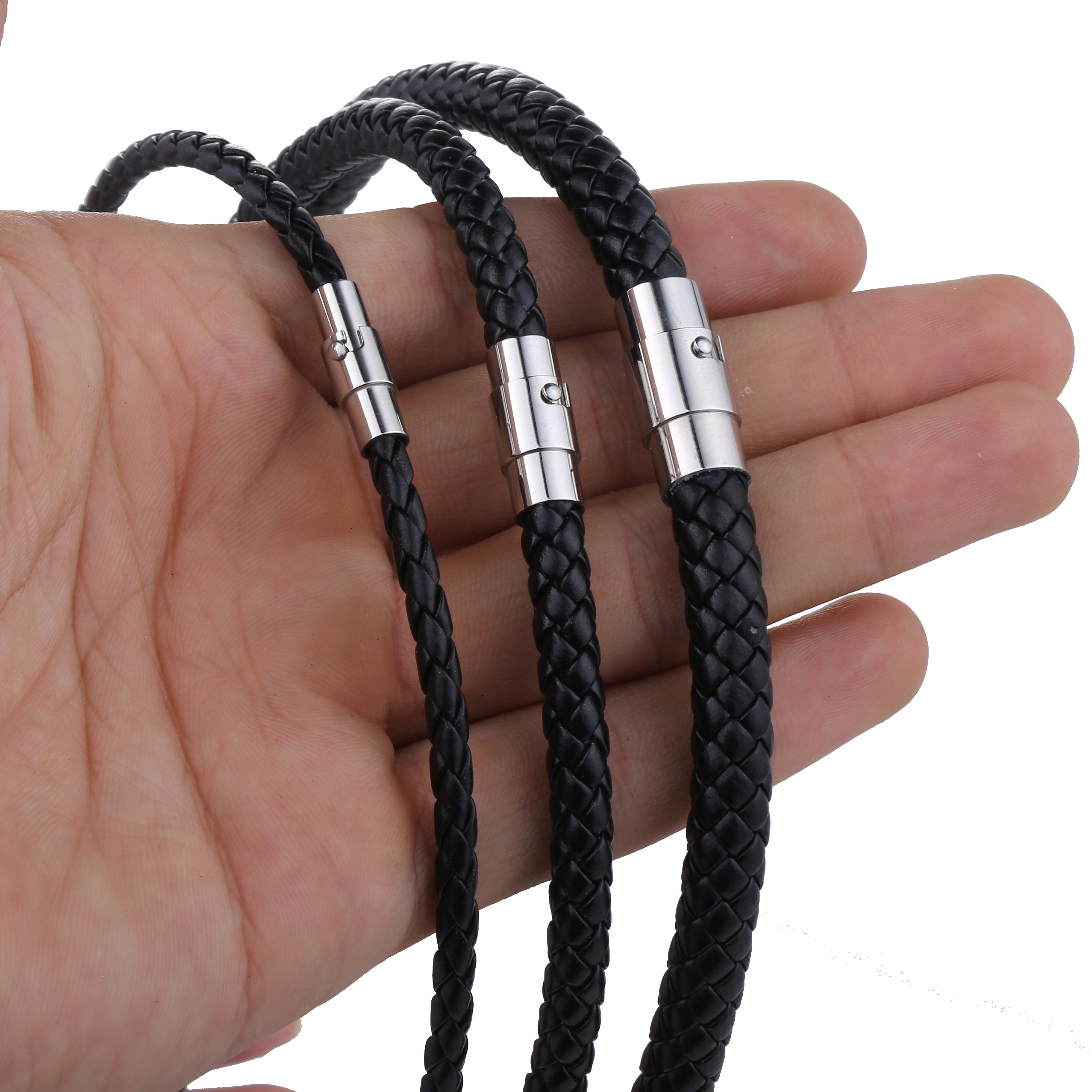 Classic Men's Women's Leather Choker Necklace Black Brown Braided Rope Chain Stainless Steel Clasp Jewelry UNM09