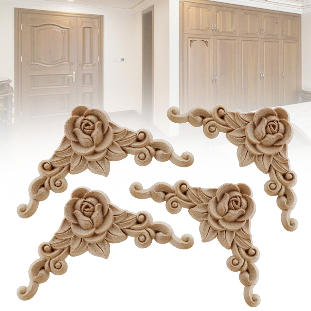 Autocollant d'incrustation d'angle de sculpture sur bois, cadre de porte d'angle de fenêtre de meuble, autocollant en bois d'armoire, décoration faite à la main, DIY bricolage, 4 pièces/ensemble