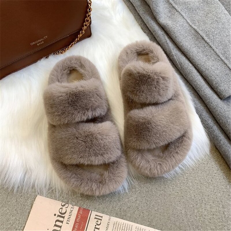 Enplei kvinner vinterhus fuzzy slippers pels varme sko kvinne slip on flats kvinnelige furry slides koselig hjem str 35-40