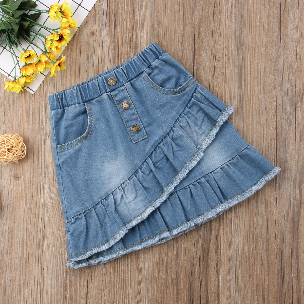 Småbørn børn piger blå denim mini nederdel kort blå flæse sommer jeans nederdel