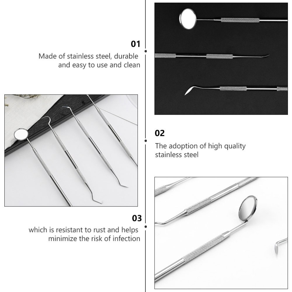 4 Stuks 1 Set Tanden Care Tool Mond Spiegel Probe Tanden Cleaning Kit Zilver