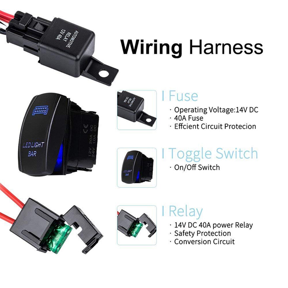 LED Light Bar Rocker Switch Wiring Harness 40A Relay Fuse Kit 12V SUV ATV Blue