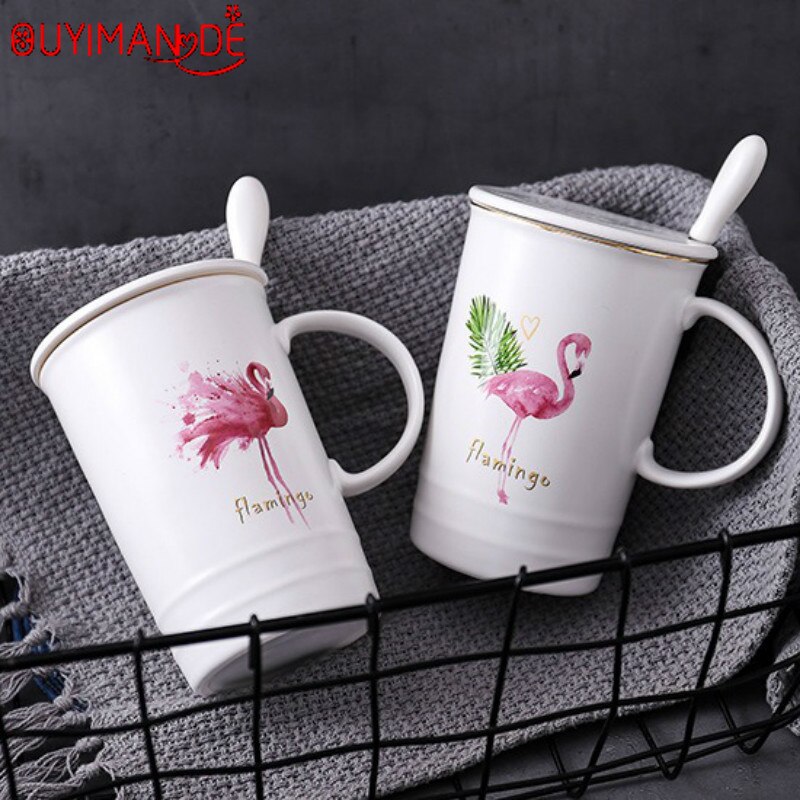 Tegneserie flamingo keramik kop nordisk stil guld kaffekop med låg med ske krus simpel kontor kaffe mælkekop
