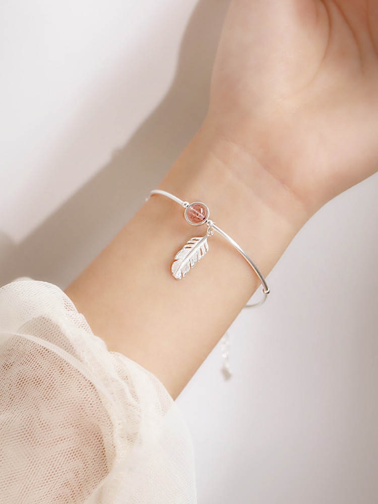 Pfirsich blossom erdbeere Perle Rosa Kristall feder Anhänger Silber überzogene armband armband weiblichen