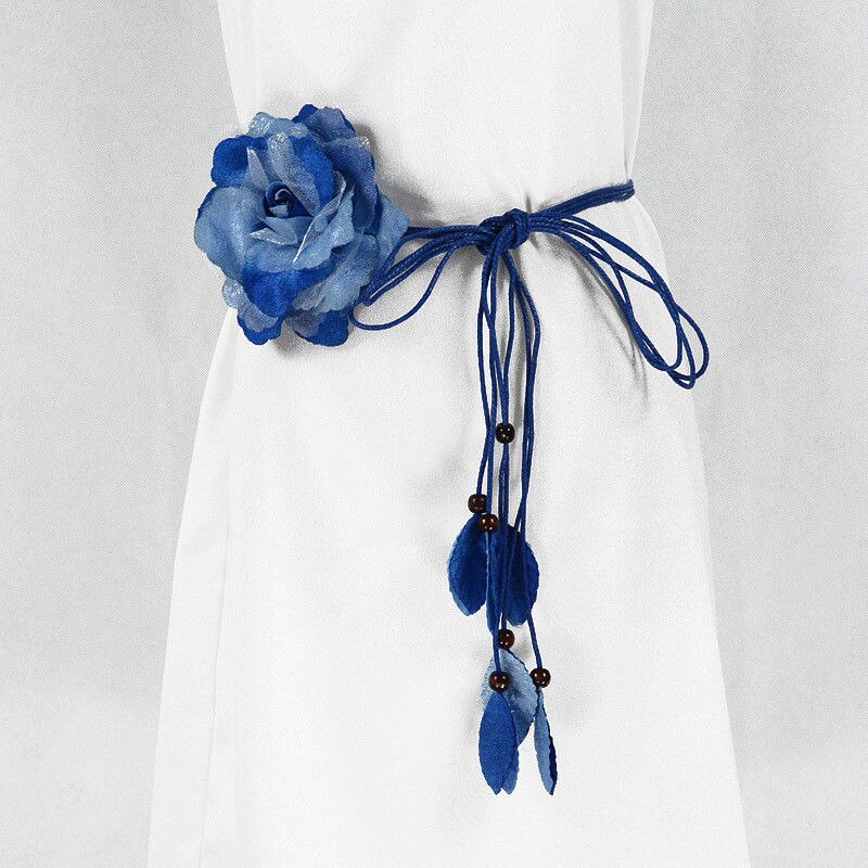 Ceinture longue en mousseline de soie pour femmes, avec pompon décoratif, grande fleur, fine, coréenne, nouée: Bleu