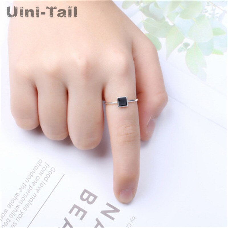 Uini-tail 925 en argent Sterling noir géométrique anneau personnalité ouvert époxy anneau étoile Triangle en forme de coeur anneau GN451: Square