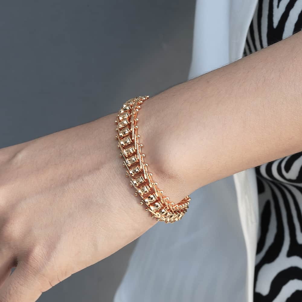 Bangle for Women Girls 585 Rose Gold Bracelet Trendy Hammered Centipede Smooth Carved Beads Ball Chain Wristband CBM03