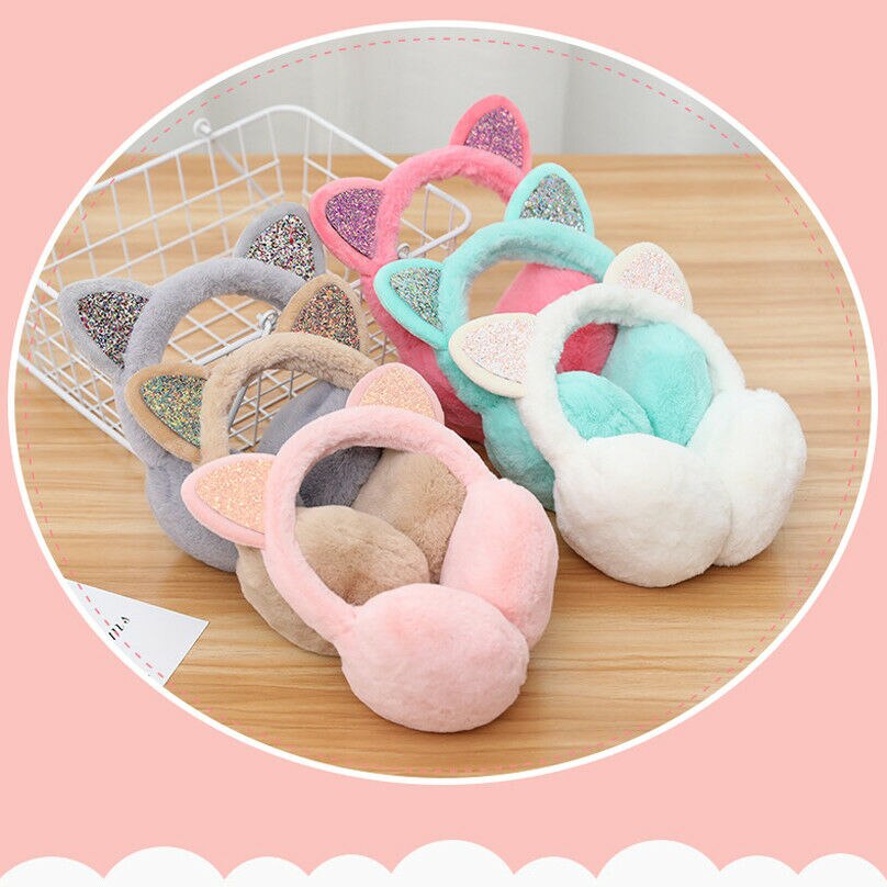 Winter Chic Sequin Folding Cat Ears Earmuffs for Women and Girls Plush Fur Ear Warmer Bun with Glitter Headband Cartoon Pattern
