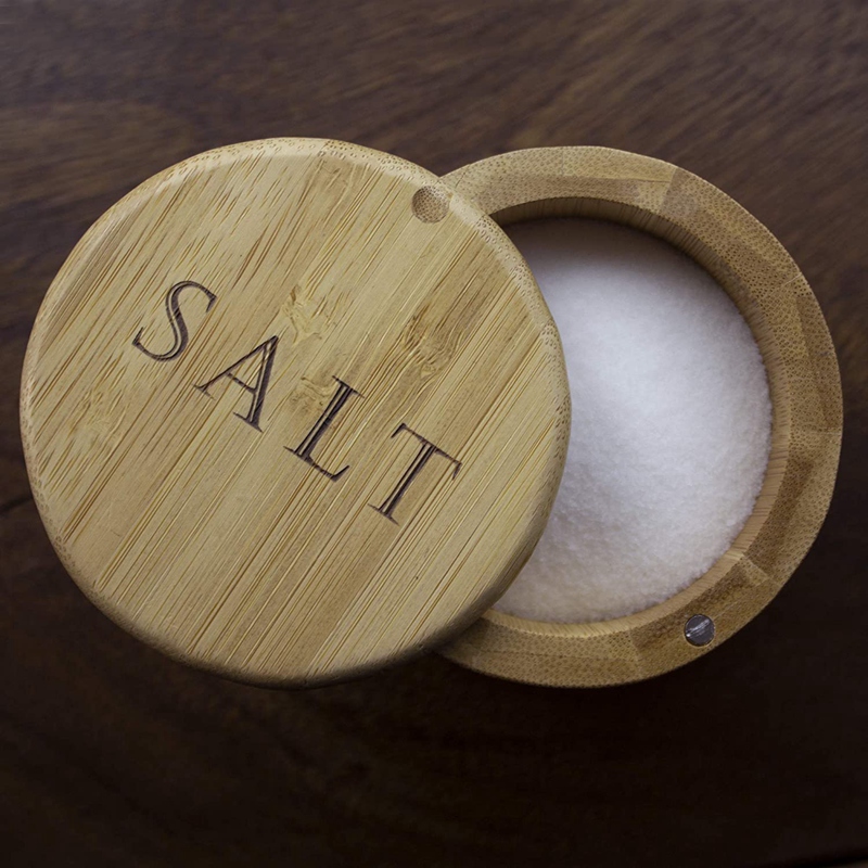 Salt Box, Bamboo Storage Box with Magnetic Swivel Lid, "Salt" Engraved on Lid Salt Storage Box for Keeping Table Salt