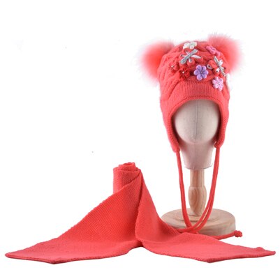 Vinter hatt scarf set för barn härliga pomponger stickad mössa baby flickor tjock stickad fjäril blommor öron klaff mössa barn: Röd 1