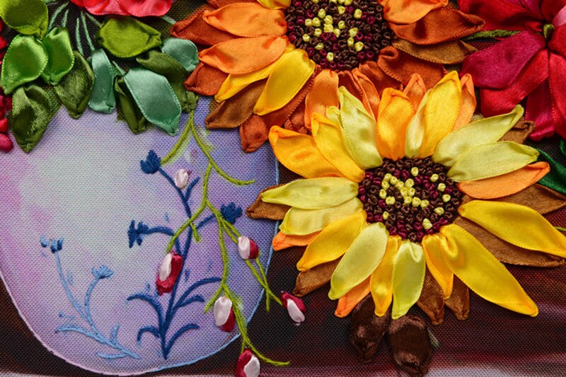 Bloeiende bloemen zijde lint borduren 3D satijn telpatroon canvas schilderij handwerken handwerk DIY thuis muur decora