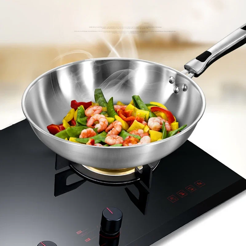 32cm ångfria non-stick wokpannor 304 stekpanna i rostfritt stål med glaslock hushålls-obelagrad wok-spis gaslämplig
