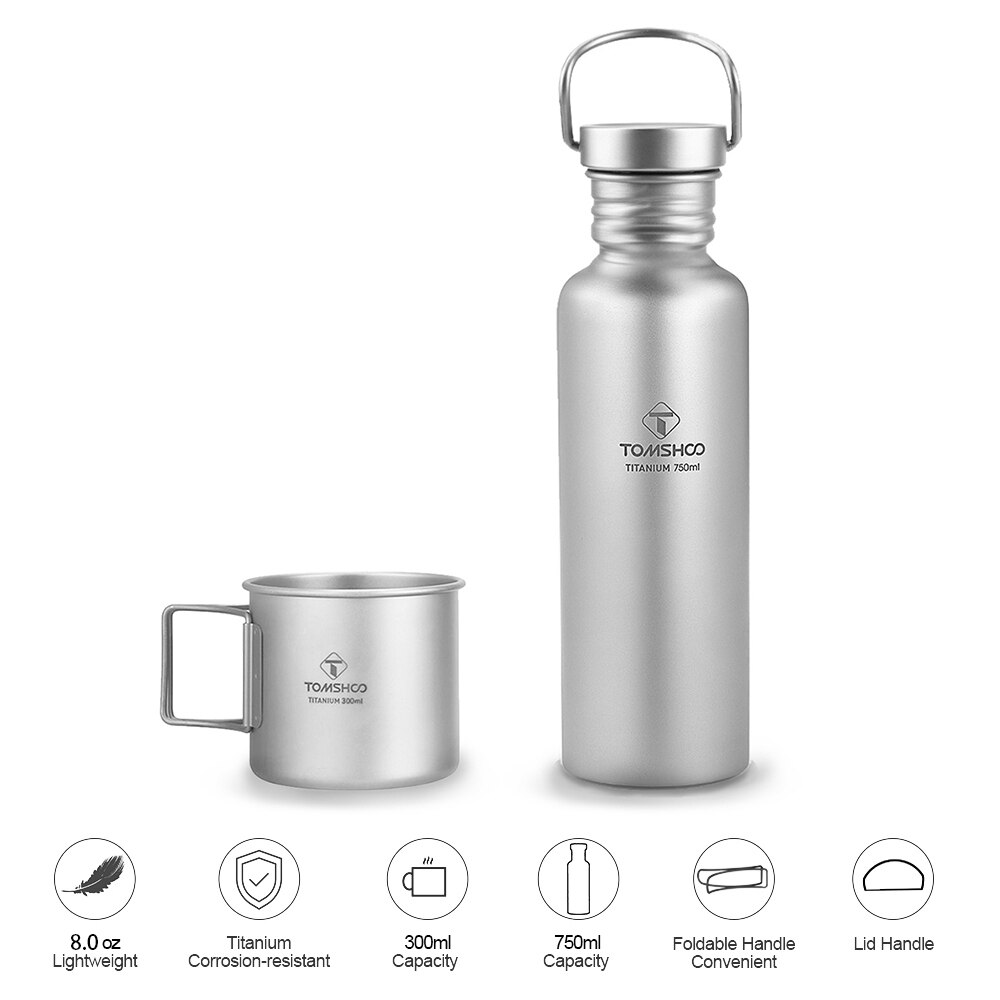 750Ml/600Ml Tomshoo Full Titanium Water Fles Ultralight Outdoor Camping Wandelen Fietsen Water Bottle Met Extra Plastic deksel: 750ml and 300ml