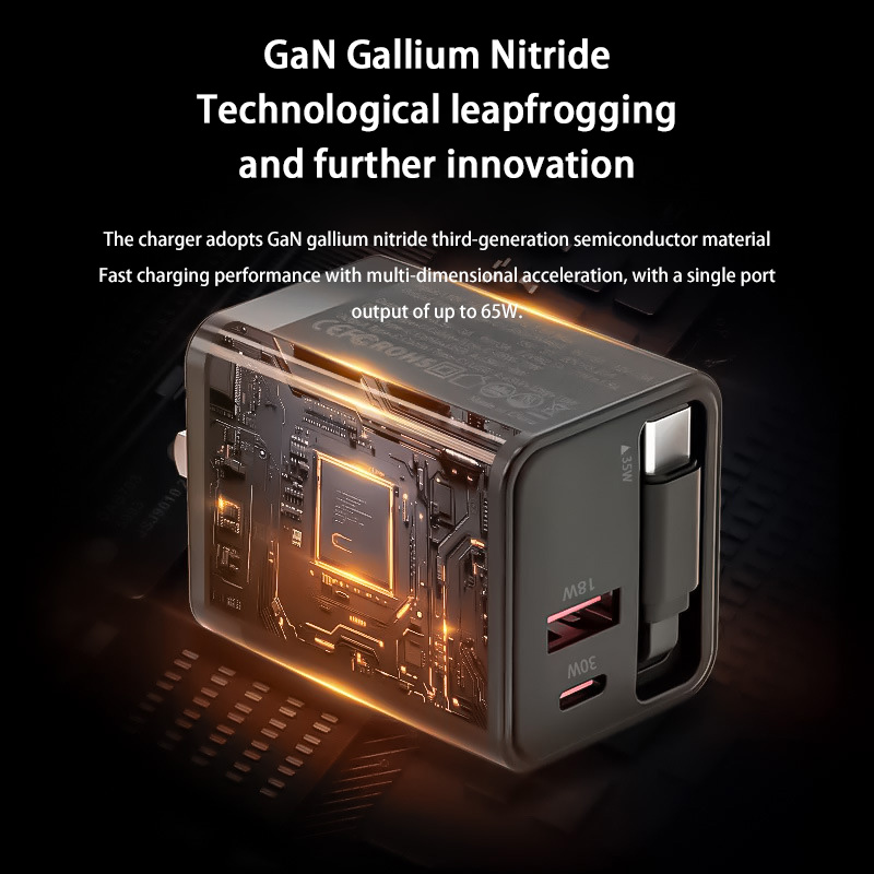 Xiaomi Mijia 65W Gallium Nitride Fast Charger With Built-in Retractable Charging Head Dual-port A+C for Apple Huawei Phones