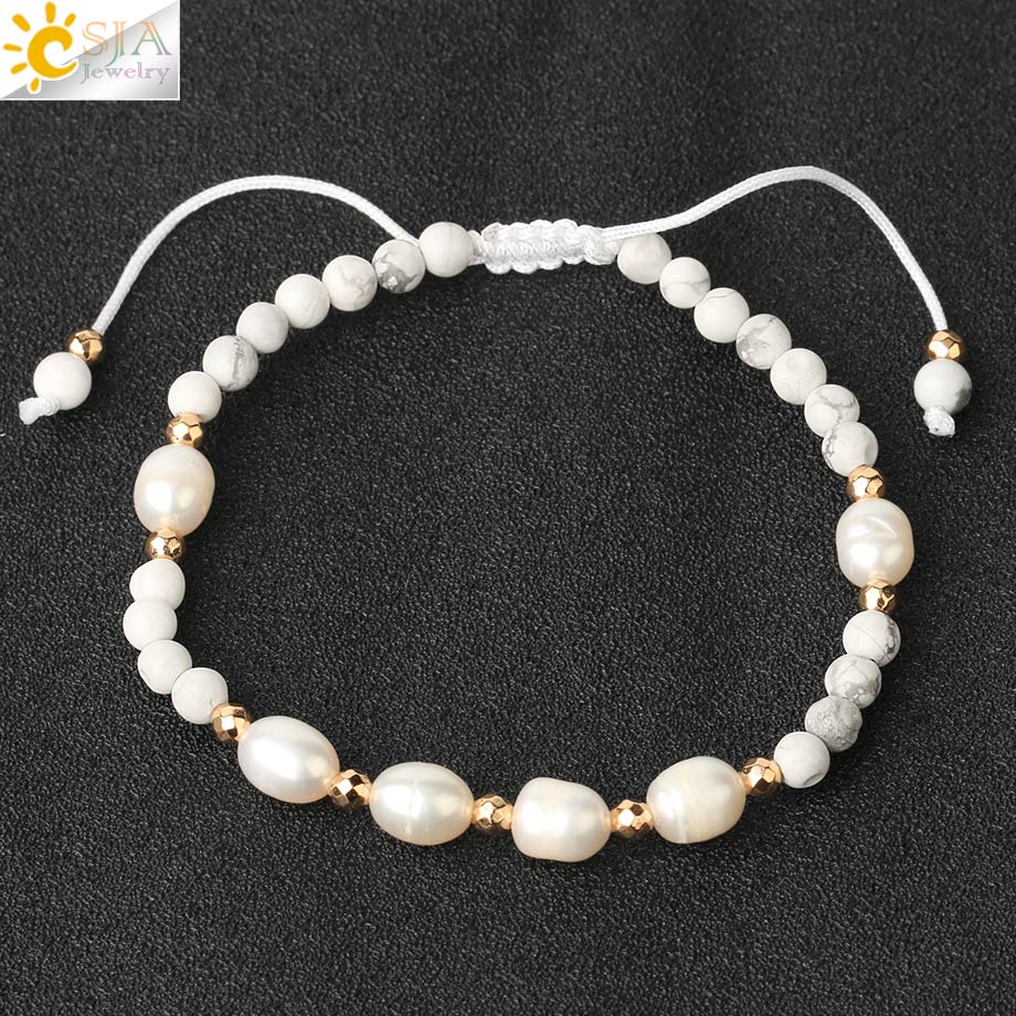 Csja Strand Armband 4 Mm Natuursteen Witte Parel Kristal Kralen Verstelbare Gevlochten Armbanden Voor Vrouwen Mannen Healing Sieraden G482: Howlite