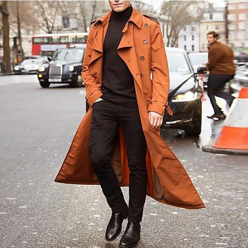 Trench Coat Men Jacket Mens Overcoat Casual Slim Fit Windbreak Plus Size Solid Long Coat Men Winter Coats Homme: Brown / S