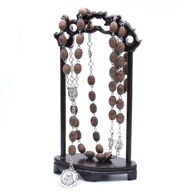 Mode Houten Kralen Katholieke Rozenkrans Kruis Hanger Religieuze Ketting Sieraden Ketting 87HA