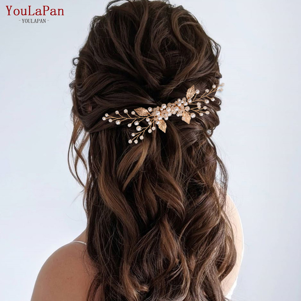 Topqueen  hp180 bryllup hårnåler krystall bryllup kam gyldne gjennombrudd blader brude bryllup tilbehør perle brude hårspenner