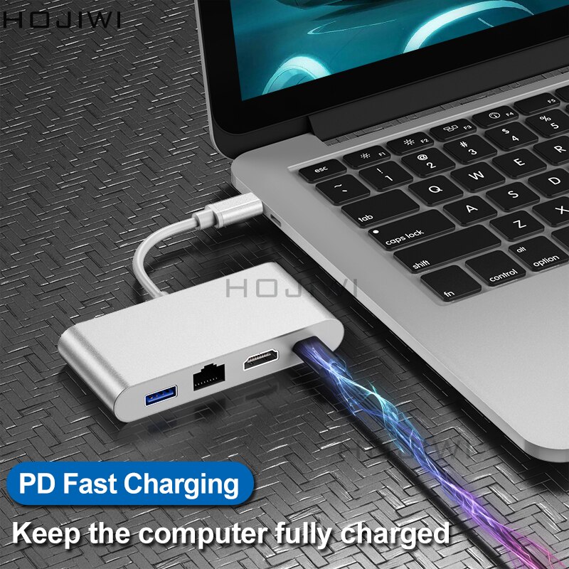 Hojiwi 4 em 1usb c hub tipo c para multi usb 3.0 adaptador hdmi doca 4k thunderbolt 3tf sd leitor pd para macbook pro huawei companheiro